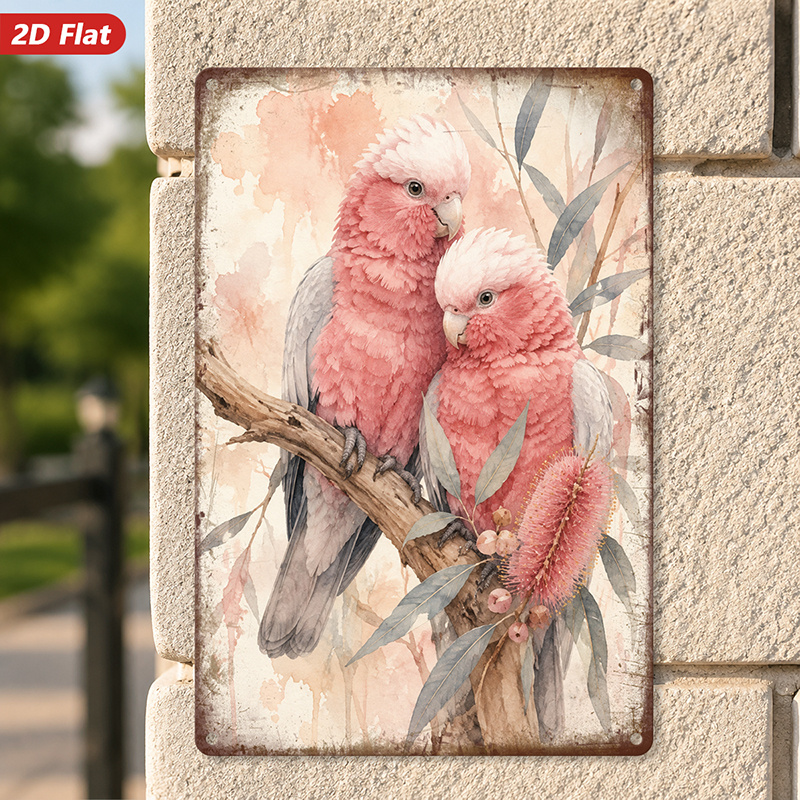 TEMU 2d Flat, 1pc Pink Pair Metal Sign Wall Art, Perched Tree Branch, Ideal For Study Dining Room , Home Decor, Soft White Crests, Eucalyptus Leaves,