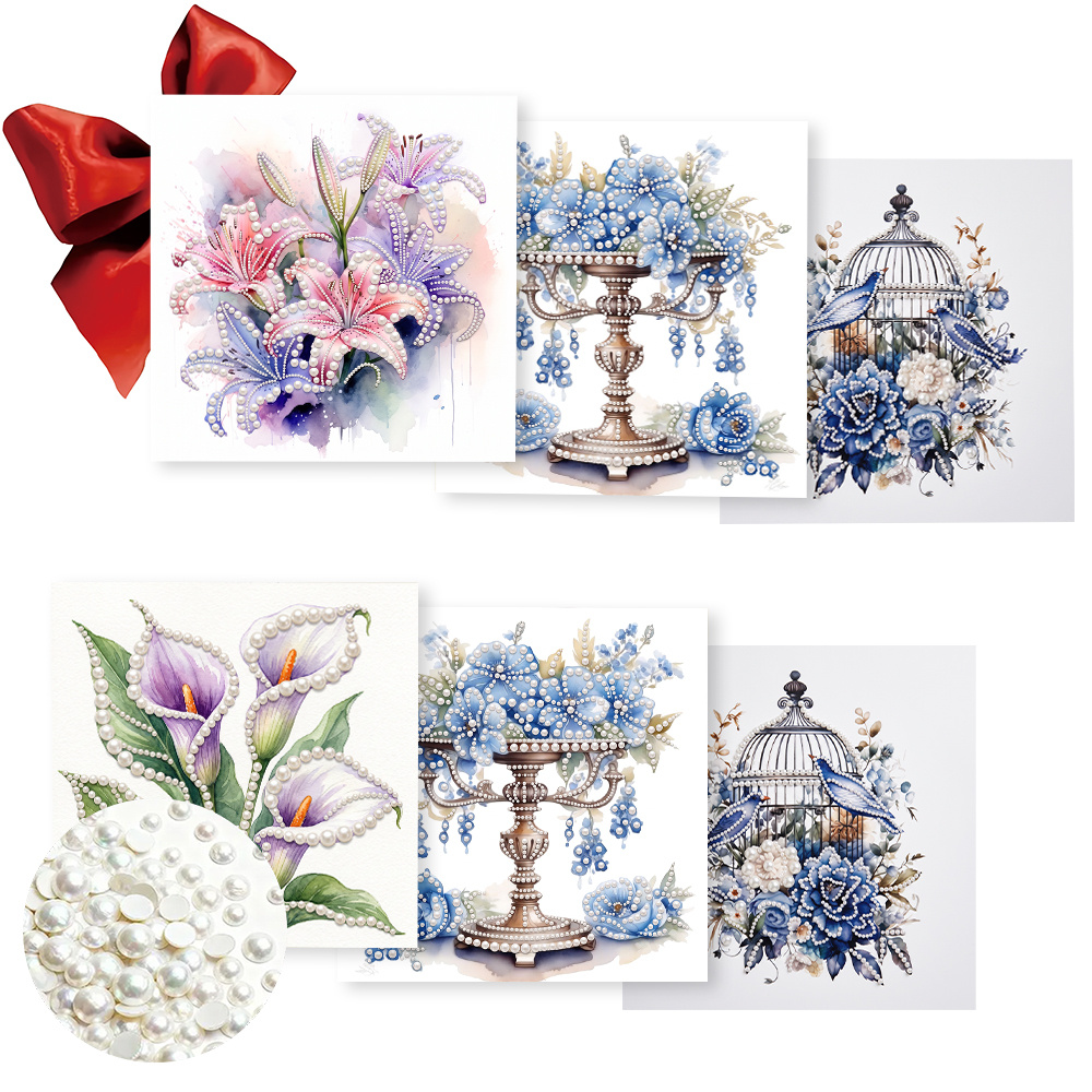 TEMU 6pcs Pearl And Painting Greeting Card Set, Beautiful Floral Patterns, Adult Diy Craft Kit, Birthday Greeting Cards With Pre-printed Backings, A