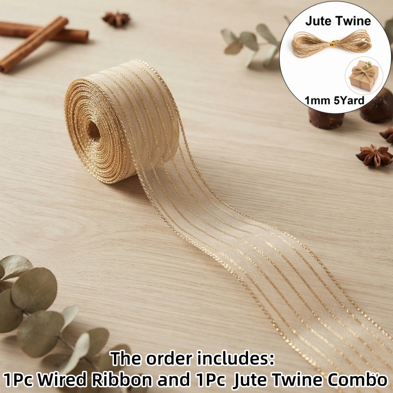 TEMU 5 Yards/3.8cm (1.5 Inch) Organza Wire Edge Ribbon And 1pc Combo, Christmas, Golden Fine Vertical Stripe Pattern, Organza Material, For Party