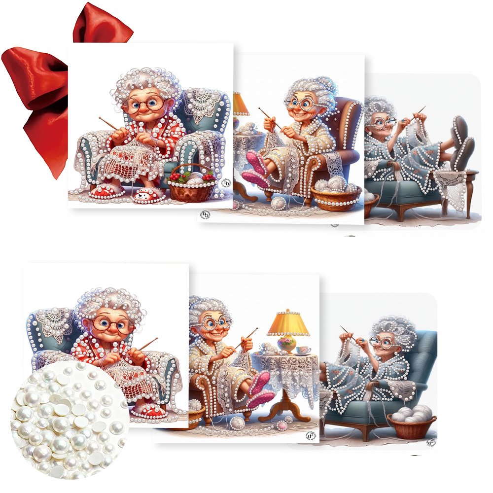 TEMU 6pcs Pearl And Painting Greeting Card Set, Cartoon Grandma Knitting Pattern, Adult Diy Handmade Craft Kit, Birthday Greeting Card With