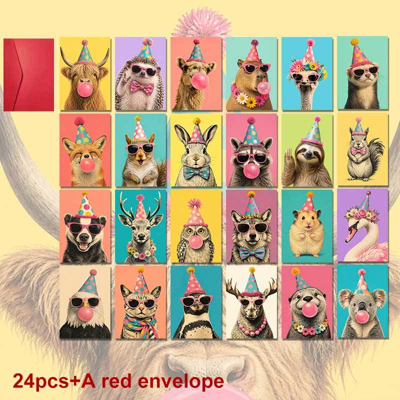 TEMU 24-pack+a Red Envelope Birthday Postcard, Wearing Party Hats And Fashion Glasses Happy Birthday , Festive Style Postcard