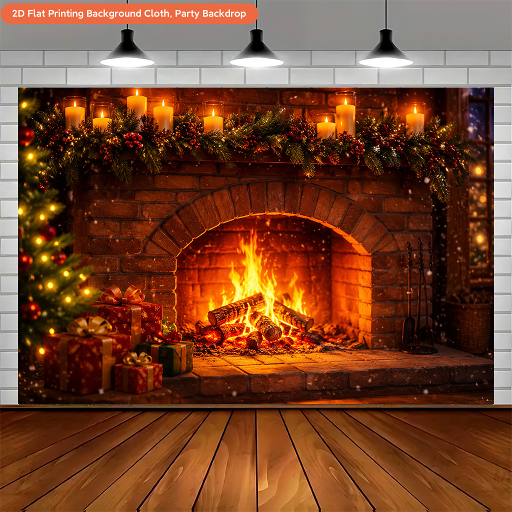 Cozy Fireplace Christmas Scene Backdrop