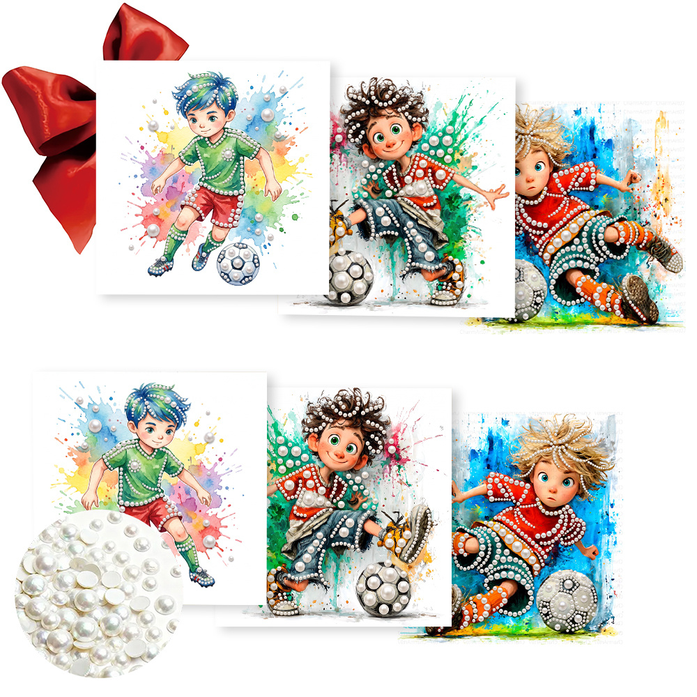 TEMU 6pcs Pearl And Painting Greeting Card Set, Featuring Cute Cartoon Soccer Player Designs, Adult Diy Craft Kit, Pre-printed Back For Birthday