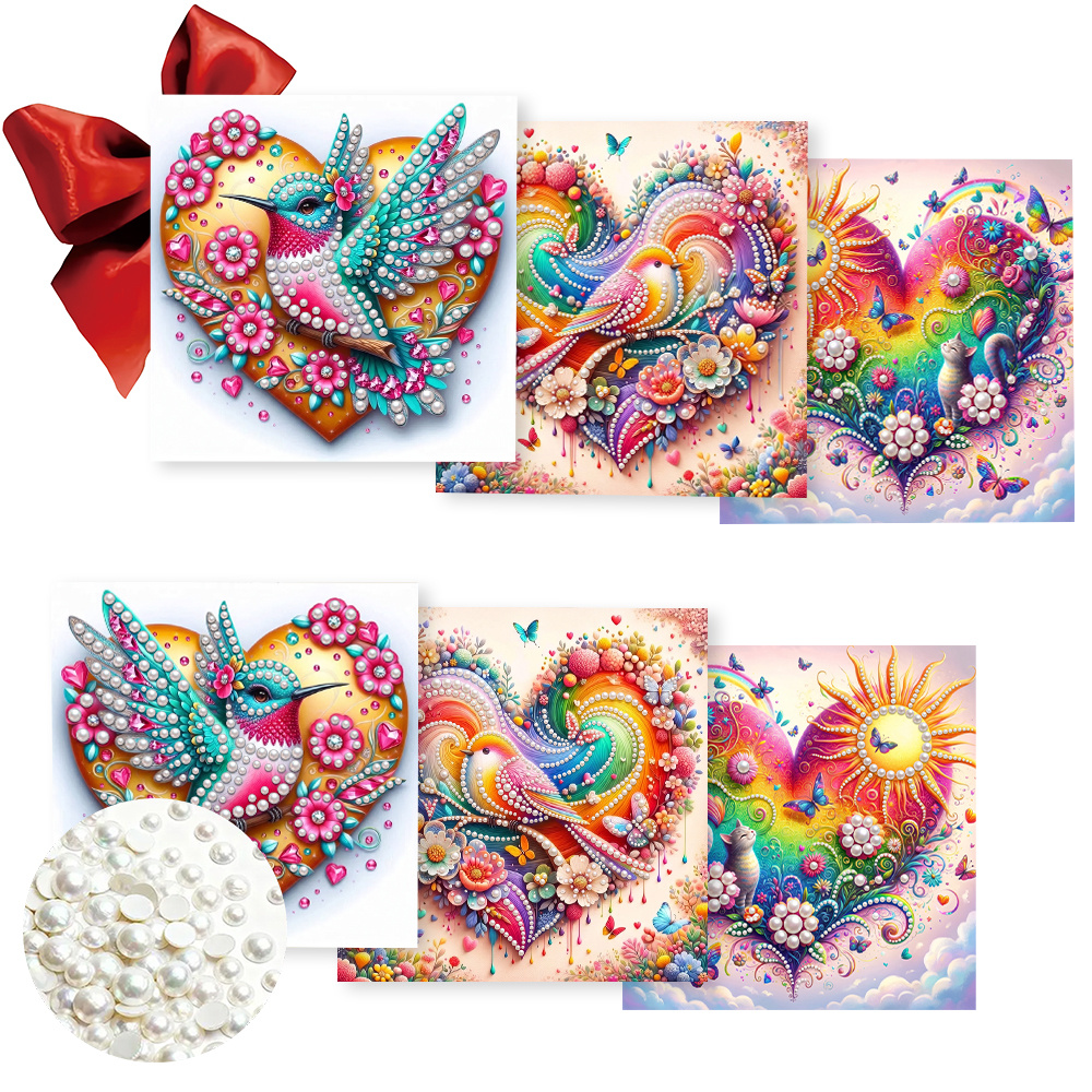 TEMU 6pcs Pearl Painting Greeting Card Set, Cartoon Colorful Hummingbird Heart Pattern, Adult Handmade Kit, Birthday Gift Pre-printed Backside, Warm