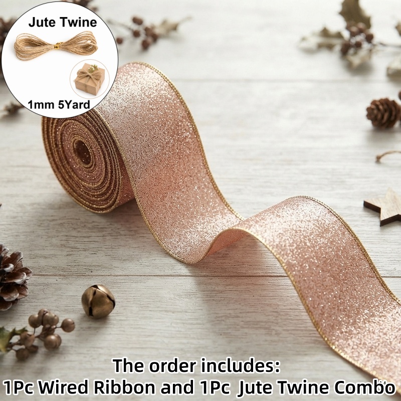 TEMU Ruban à bordure métallique pailletée de 5 /6,3 cm (2,5 pouces) et 1 ficelle de jute, Noël, finition rose dorée à paillettes intégrales , pour