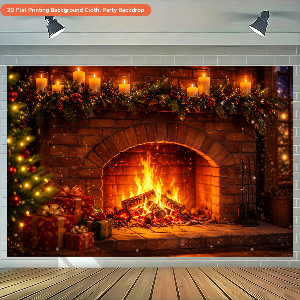 Cozy Fireplace Christmas Scene Backdrop