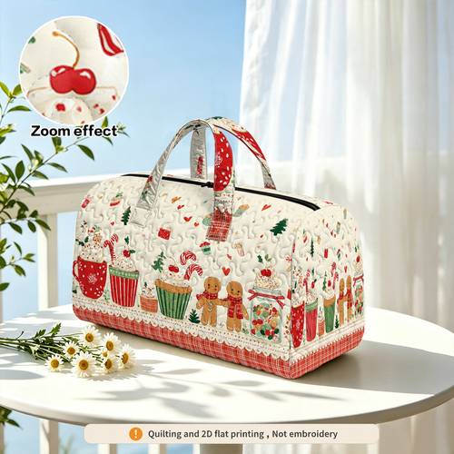 (1 pièce) sac matelassé imprimé noël et friandises (plat 2d), sac à main de , sac pour yoga et fitness, parfait pour les nuit, le camping et les vacances, cadeau haut de gamme pour votre famille et vos (non brodé), plat 2d
