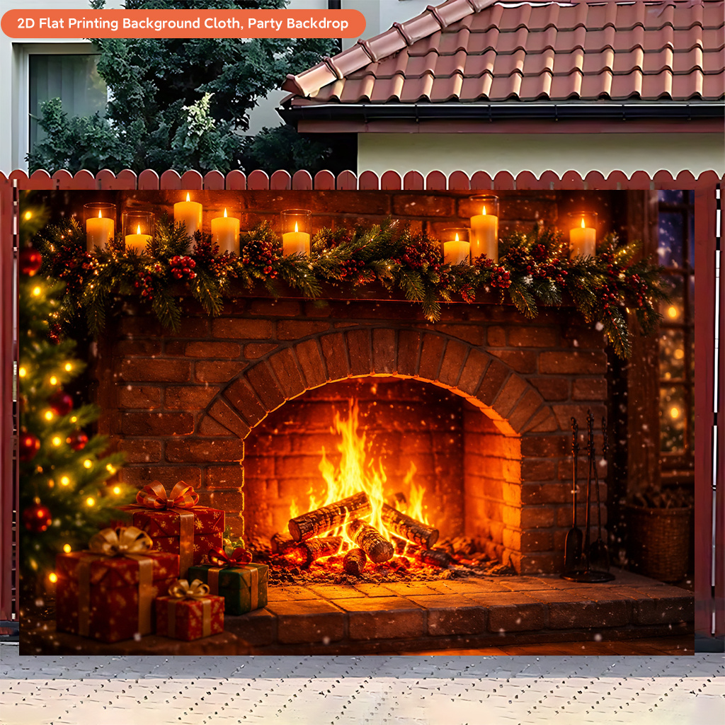 Cozy Fireplace Christmas Scene Backdrop