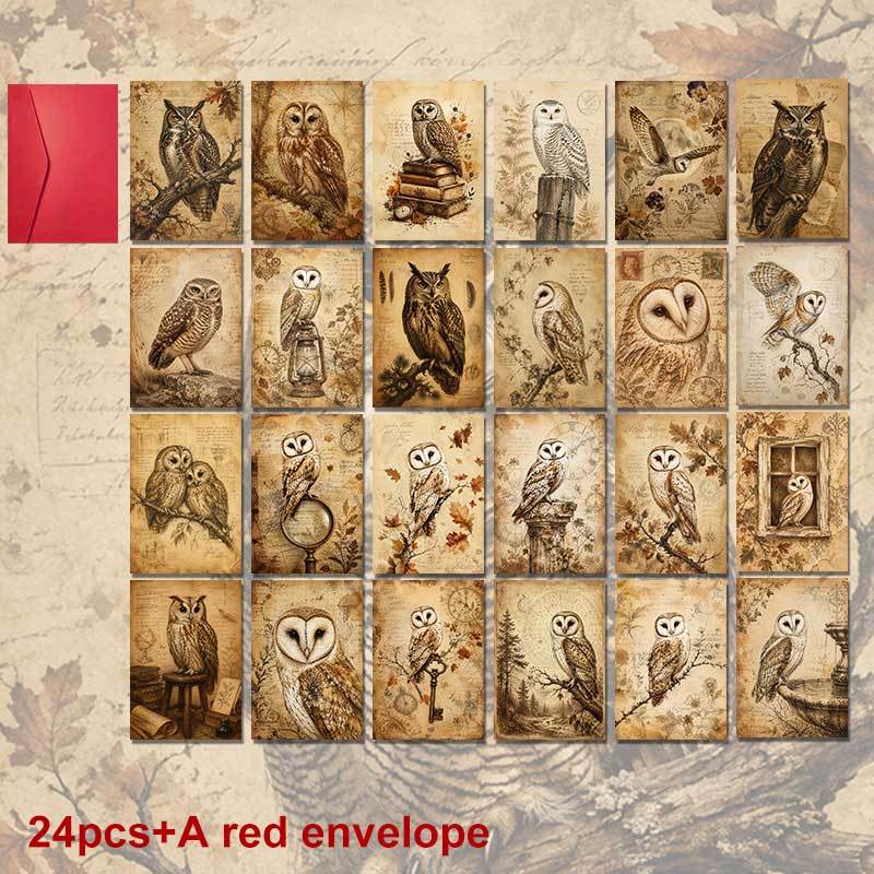 TEMU 24-pack+a Red Envelope Vintage Aesthetic Owl Postcard Set For Autumn Festival Featuring Owl Illustrations With Text For Rustic Style Stationery