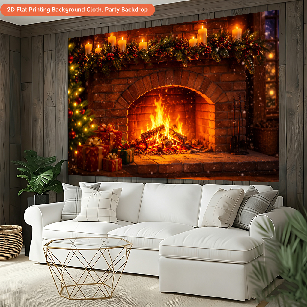 Cozy Fireplace Christmas Scene Backdrop