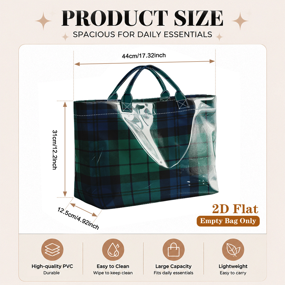 TEMU Borsa per riutilizzabile TELBREAK 1 pz in tartan scozzese - Borsa tote grande in PVC adatta per viaggi, shopping, motivo scozzese a blu e verde,
