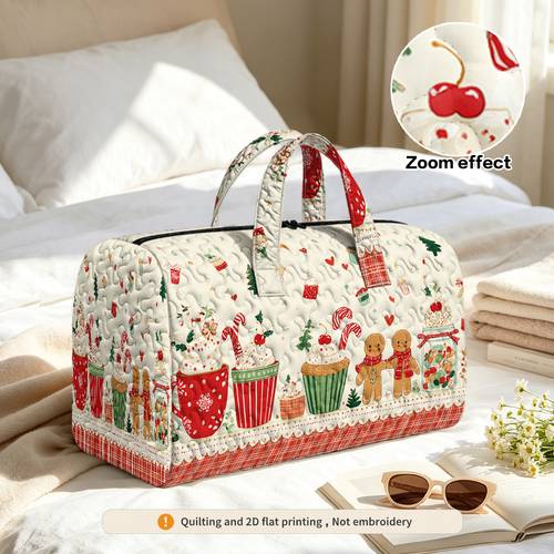 photo de l'article (1 pièce) sac matelassé imprimé noël et friandises (plat 2d), sac à main de , sac pour yoga et fitness, parfait pour les nuit, le camping et les vacances, cadeau haut de gamme pour votre famille et vos (non brodé), plat 2d