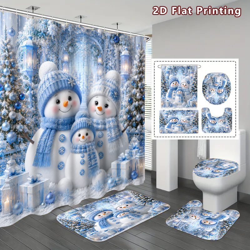 TEMU 2d Flat, 4pcs Blue Snowman Christmas Shower Curtain & Bath Decor Set With Non-slip Toilet Cover - Winter Snow Scene Suitable For Home, Bathroom,