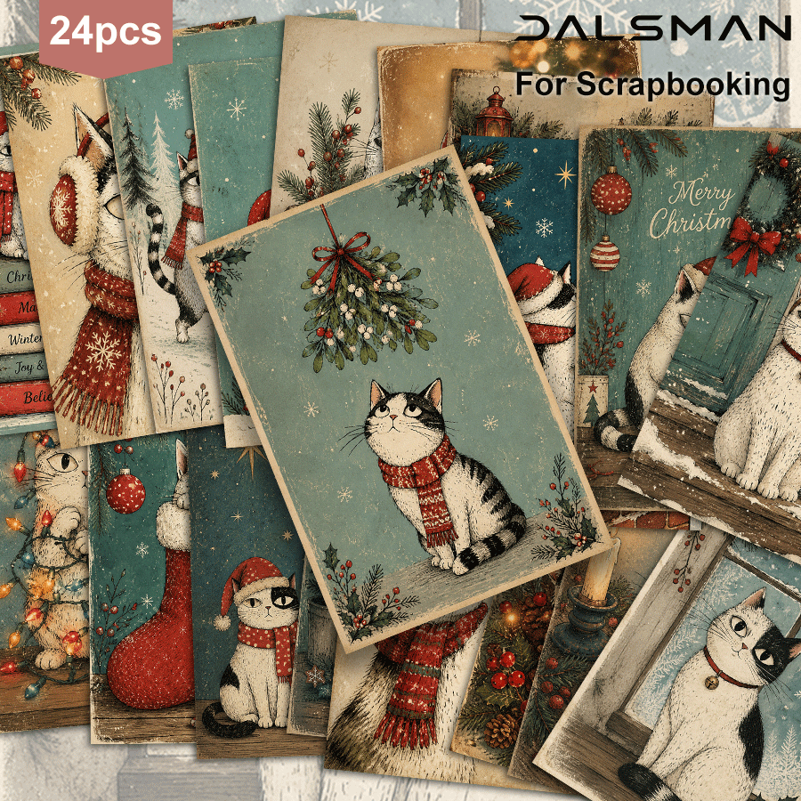 TEMU Set de 24 tarjetas navideñas vintage de gatos, tarjetas de felicitación festivas para y familiares, decoración navideña para el hogar, papelería