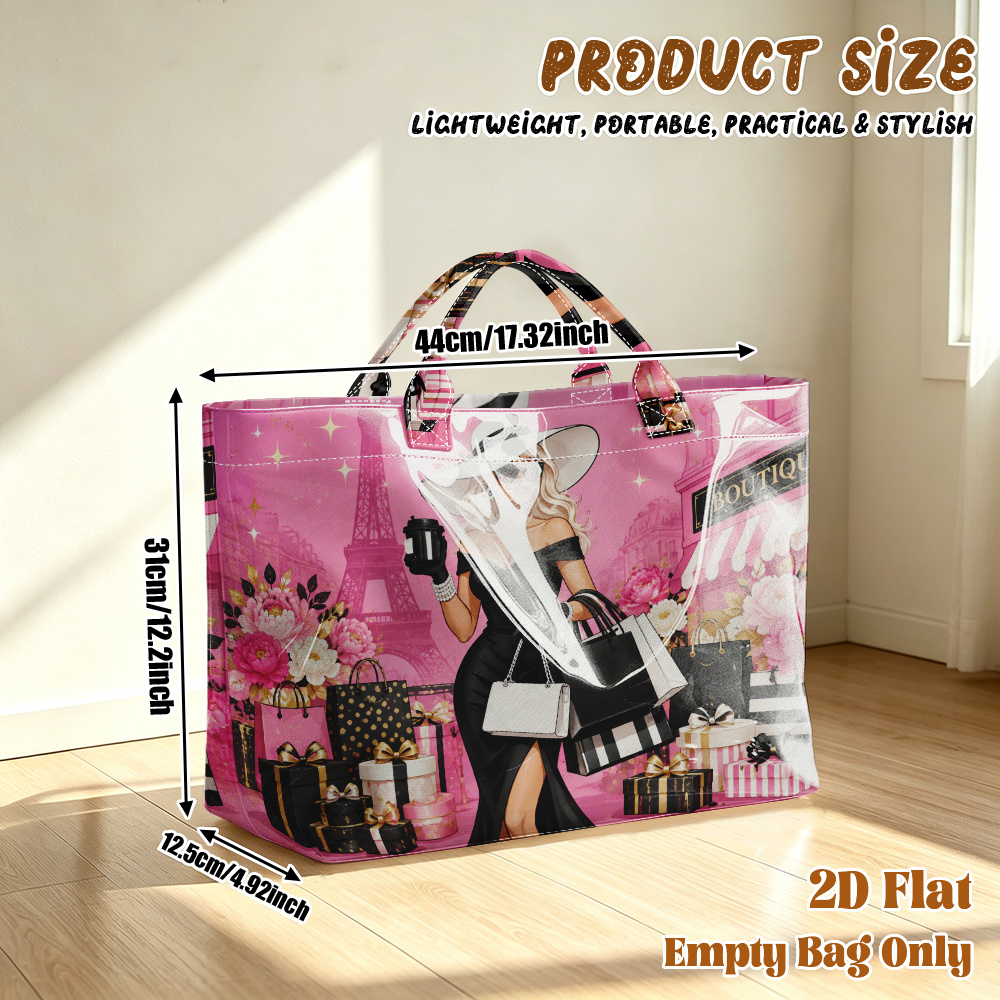 TEMU 1 sac d'épicerie réutilisable, impression plate 2D, sac fourre-tout de voyage en PVC à grande avec motif femme shopping à Paris, sac de courses,