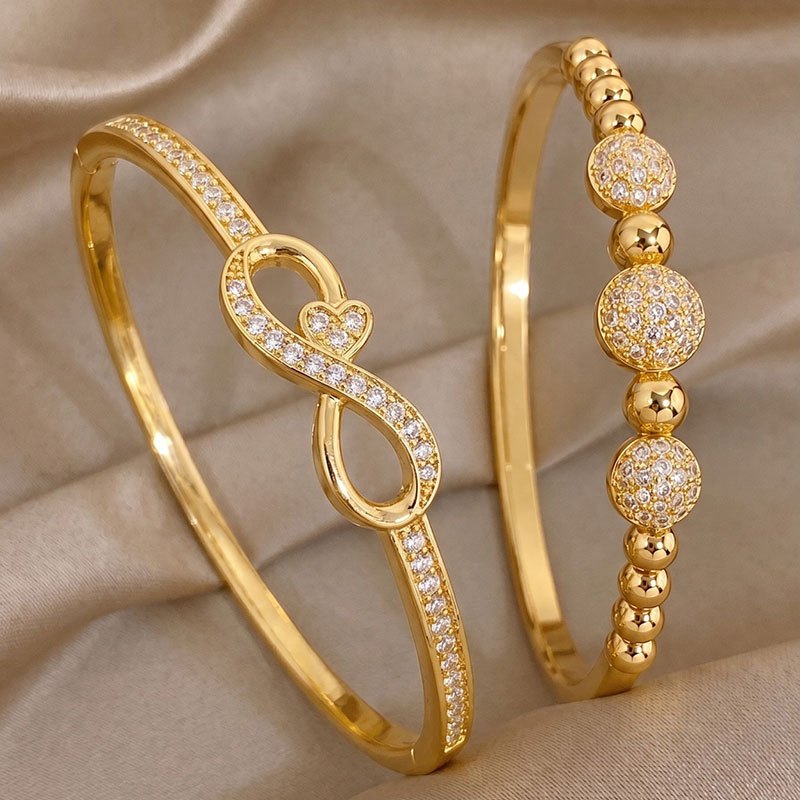 TEMU 2pcs Golden-tone Stainless Steel Infinity Heart Synthetic Zirconia Bangle, Elegant Jewelry