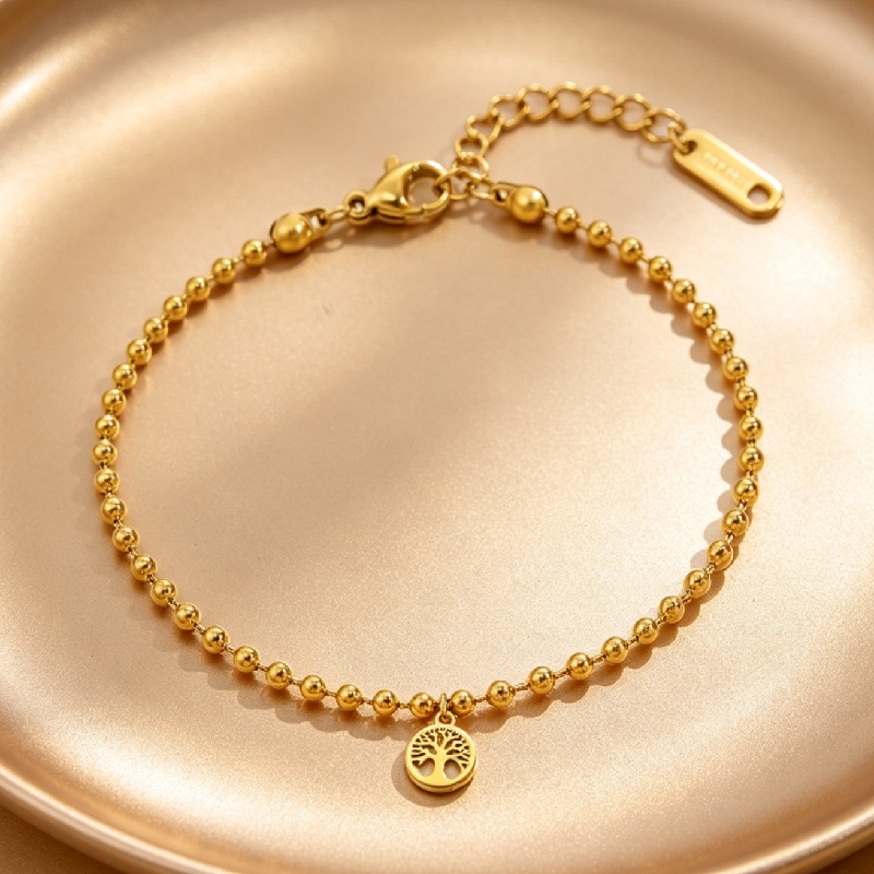 2pc Stainless Steel Life Tree Flat Bead Toe Bracelet Set