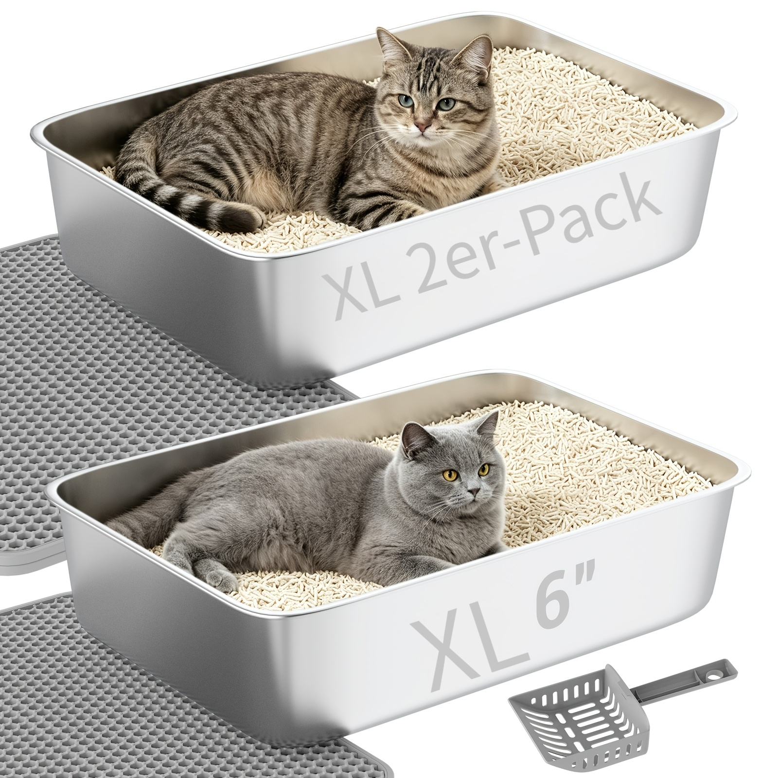TEMU 2 Pack Xl Stainless Steel Cat Litter Box, 2 Double Layer Litter Trapping Mats And 1 , Open Top High Side Metal Cat Litter Tray, For Large Cats