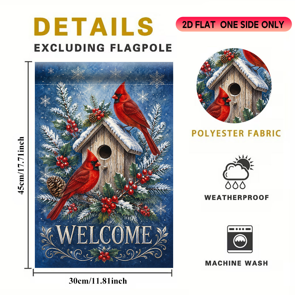 TEMU 2d Flat - 2d Flat - 2d Flat Garden Flag 1pc, Red Birds And Snow, Atmosphere Design, Suitable For Halloween, Christmas Decorations, Porch, Patio,