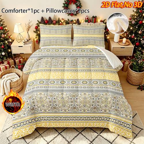 item picture 3pcs thick duvet cover set 2d flat printing yellow gray vintage floral pattern autumn winter bedding 1 duvet cover and 2 pillowcases no pillow inserts soft and warm fabric ideal for bedroom decor perfect as a christmas