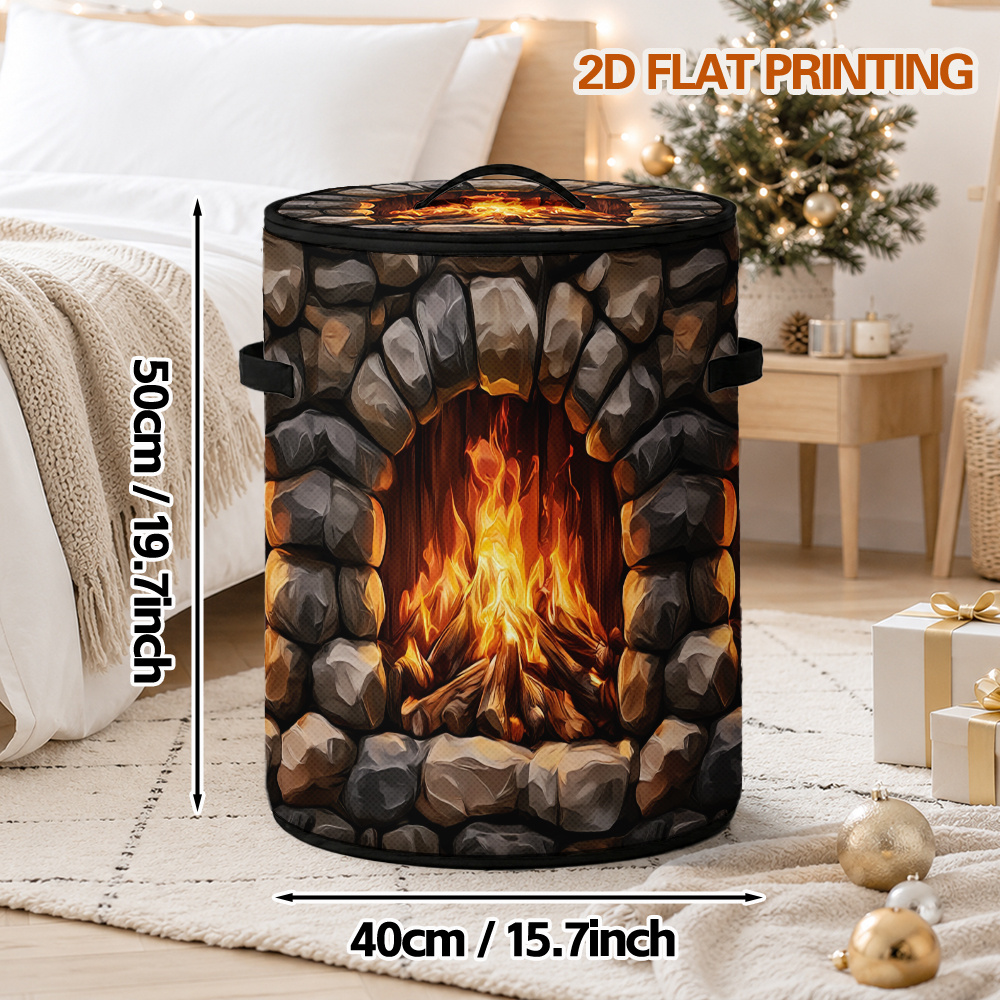 TEMU 2d Flat, 1pc Round Shelf Basket Stone Fireplace With Burning Logs Print, Great For Kitchen Organizer, Laundry Room Storage, Or Holiday Decor