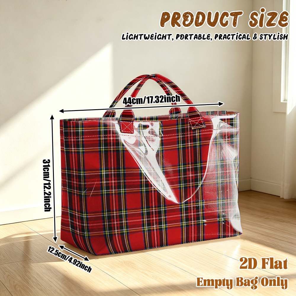 TEMU 2d Flat, 1pc Red Checkered Reusable Grocery Bags, Pvc Large Capacity, Reinforced Handles Decorative For Daily , Market Shopping, Picnics, Style