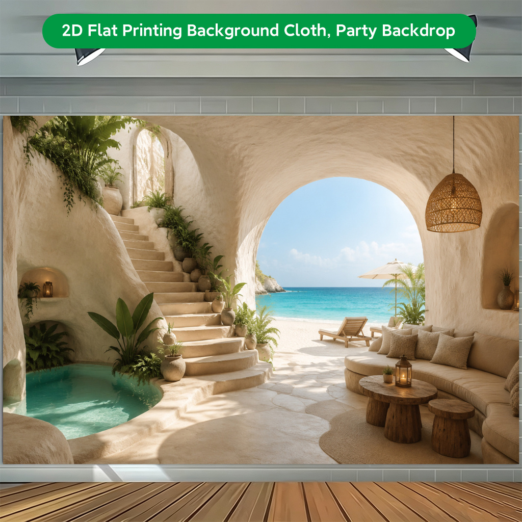 2D Flat Printing Backdrop Banner, Cave with Stairway Background