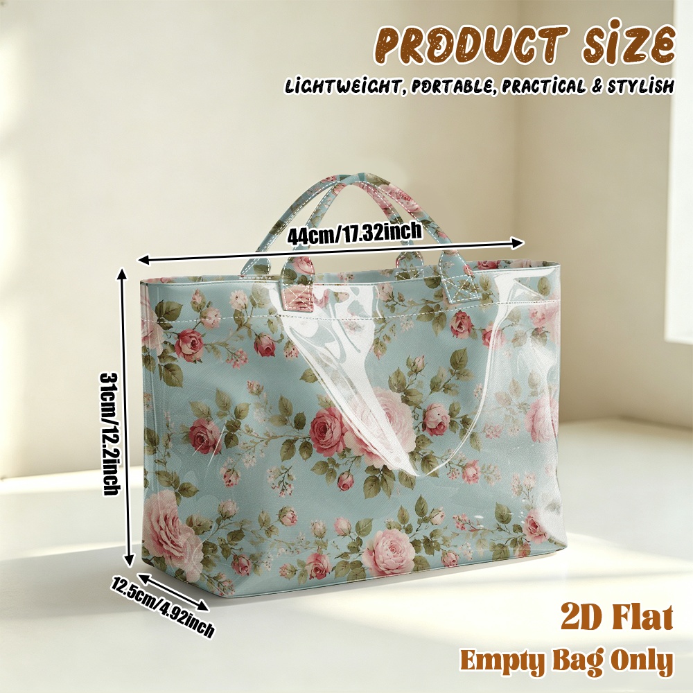 TEMU 1pc Reusable Grocery Bags 2d Flat Printing Roses Pattern Glossy Pvc Large Capacity Travel Tote Bag Suitable For Shopping, Travel, Phone Holder,