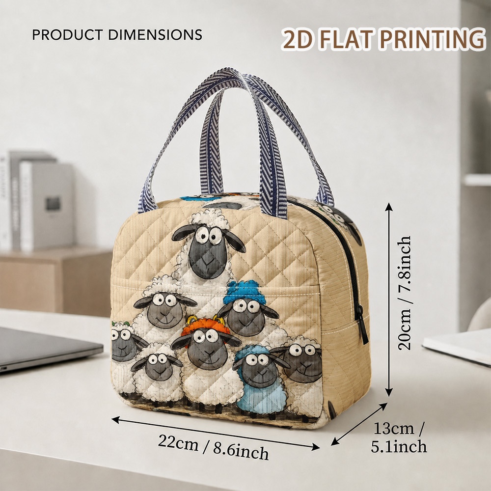TEMU 1pc Cute Sheep Gathering Print Quilted Insulated Lunch Bag With Zipper, Quilted Enhances Thermal Performance, Reusable & Easy To Clean, For Park