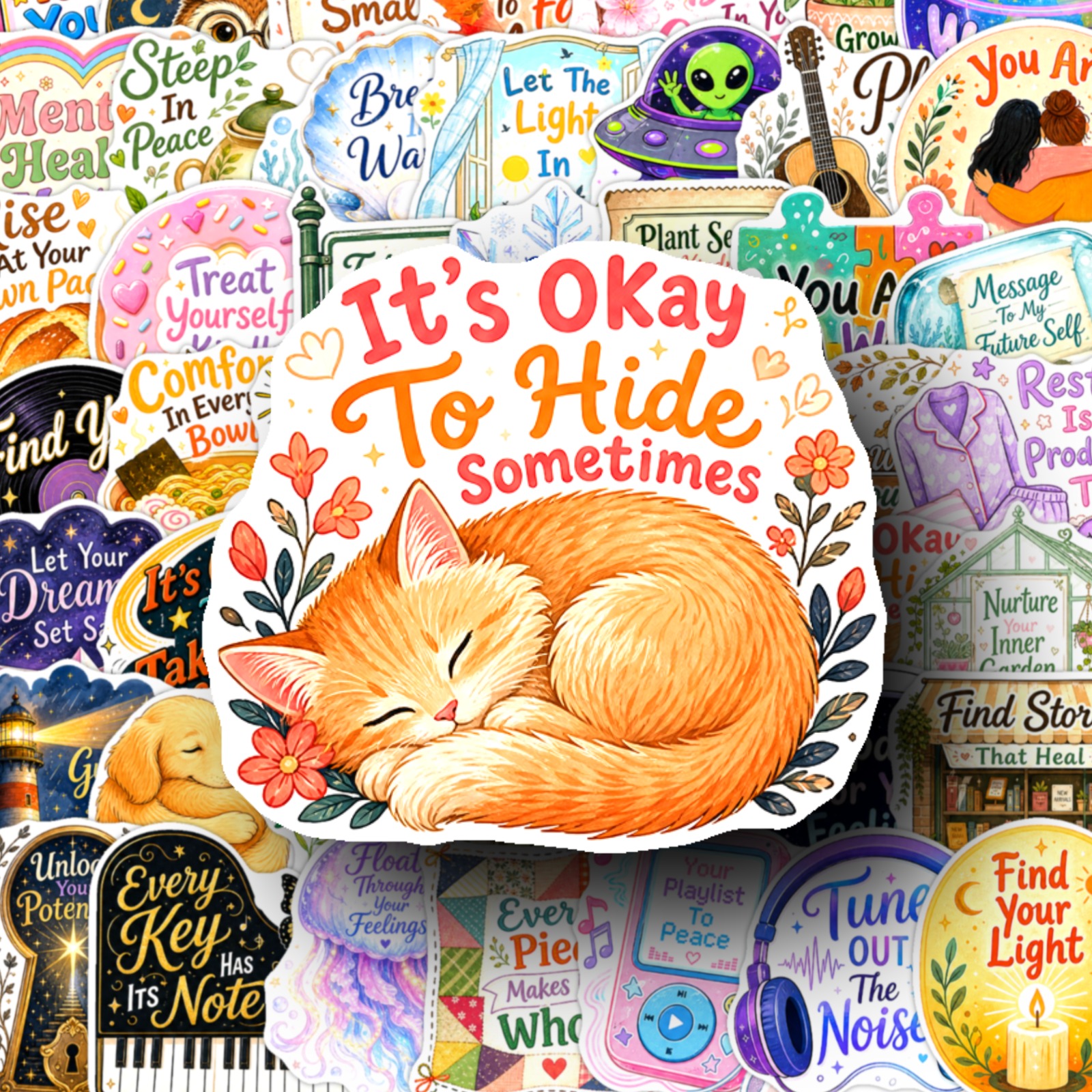 TEMU A Little Escape Overwhelming Grab 50pcs Positive Quote Stickers Journals Laptops Water Bottles Cute Hand Drawn Style
