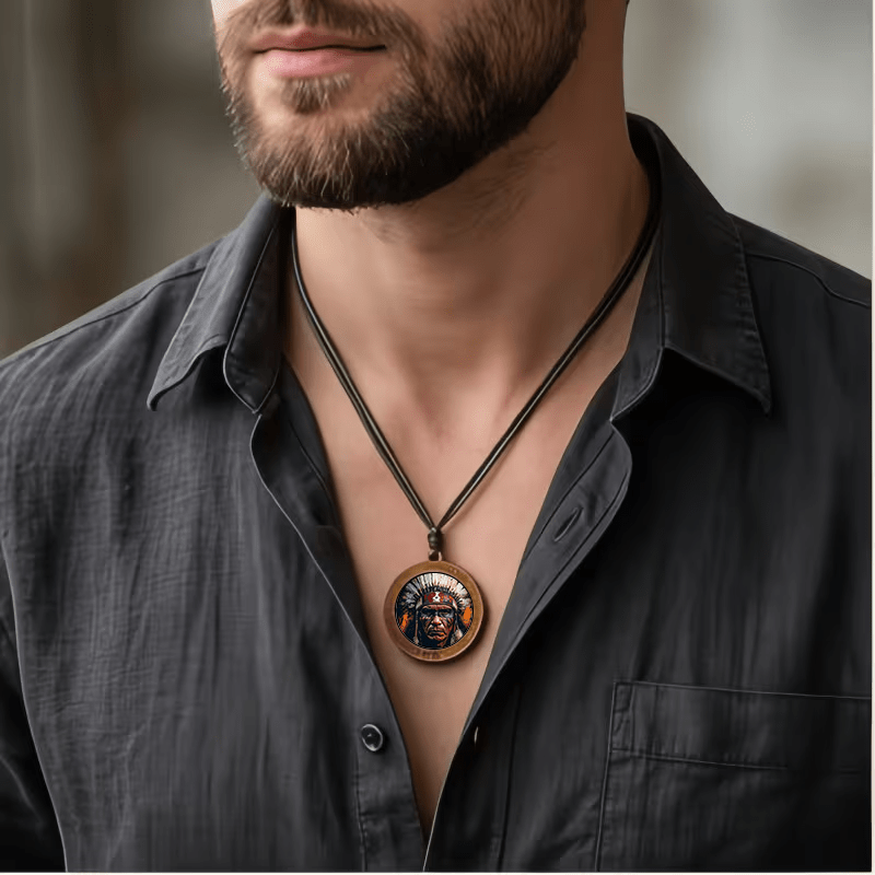 Vintage Indian Chief Head Portrait Print Wooden Necklace