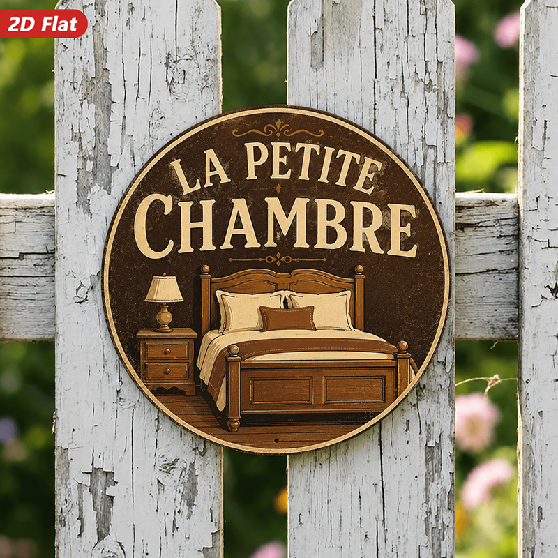 TEMU Plaque Métallique Ronde 2D Plate, 1pc, Panneau de Chambre Française, Art Mural, La , Lettrage, Illustration de Lit Confortable, Lampe Vintage et