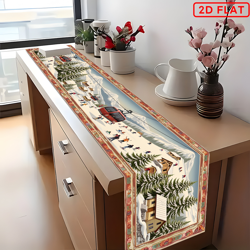 TEMU Nappe plate 2D 1pc, paysage de station de ski, câbles aériens, décoration de table de cuisine rectangulaire; Chemin de table en polyester adapté