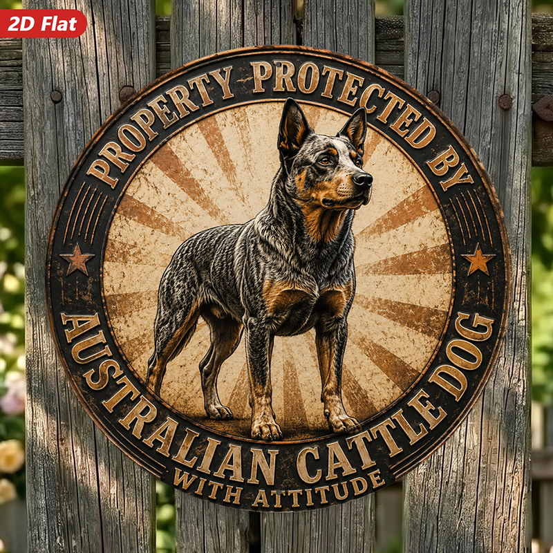 TEMU 2d Flat, 1pc Australian Cattle Dog Round Metal Sign Wall Art, Property Protected By, Home Decor, Ideal For , With Attitude, Style, Weatherproof
