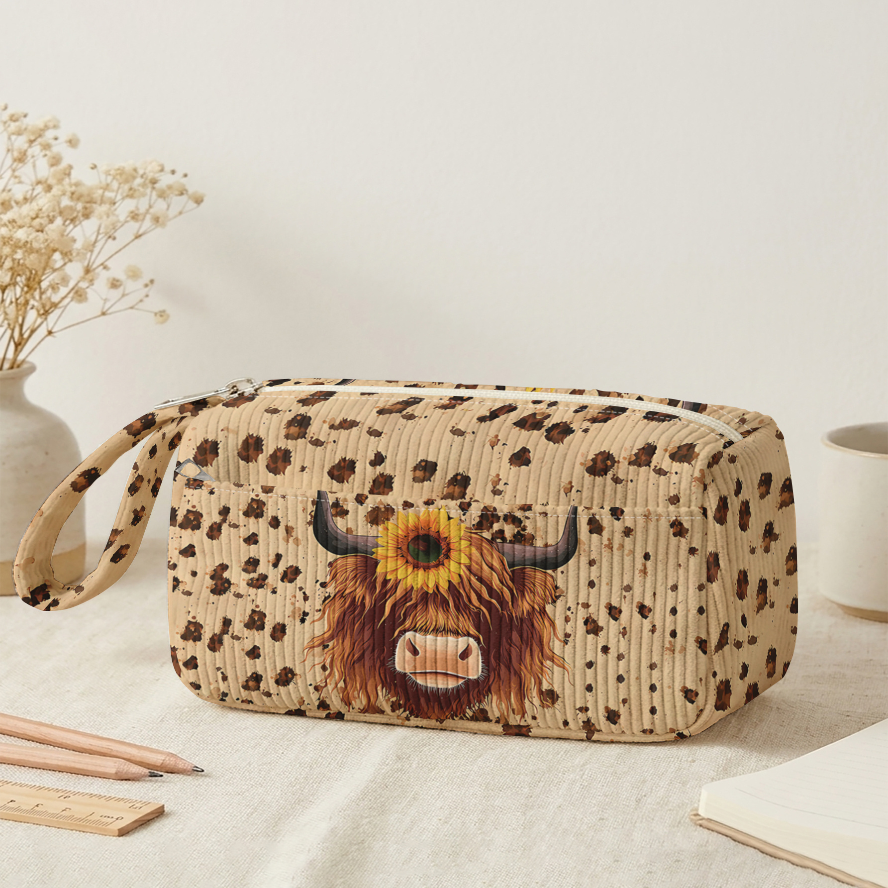TEMU Corduroy Pen & Pencil Case Suitable For, Office, - Milk With Highland Cow & Sunflower Print, Layered Pocket Organizer, Corduroy Cover, Front