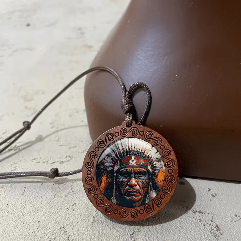Vintage Indian Chief Head Portrait Print Wooden Necklace