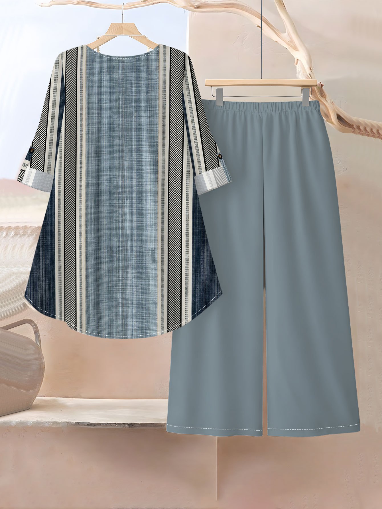   taille - ensemble 2 pièces   taille pour femme, chemise à manches longues coupe trapèze et pantalon  , ensemble décontracté à rayures avec col rond, chemise et pantalon, costume décontracté à rayures imprimées pour   taille