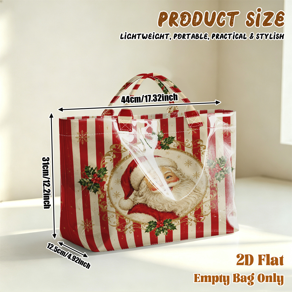 TEMU 1pc Reusable Grocery Bags,2d Flat Printing Christmas Santa With Holly Pattern Pvc Large Capacity Travel Tote Bag, Shopping Bag, Commuting Bag,