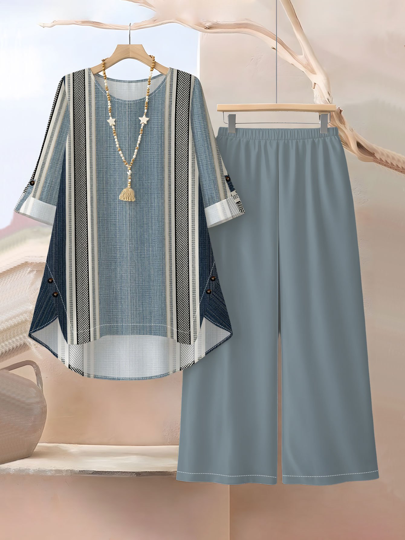 photo de l'article   taille - ensemble 2 pièces   taille pour femme, chemise à manches longues coupe trapèze et pantalon  , ensemble décontracté à rayures avec col rond, chemise et pantalon, costume décontracté à rayures imprimées pour   taille