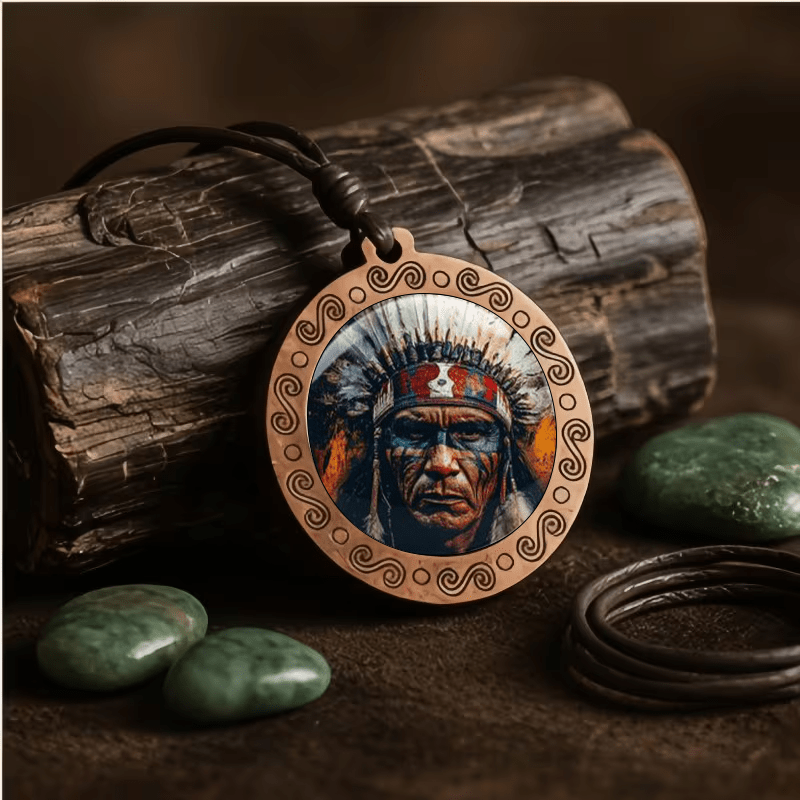 Vintage Indian Chief Head Portrait Print Wooden Necklace