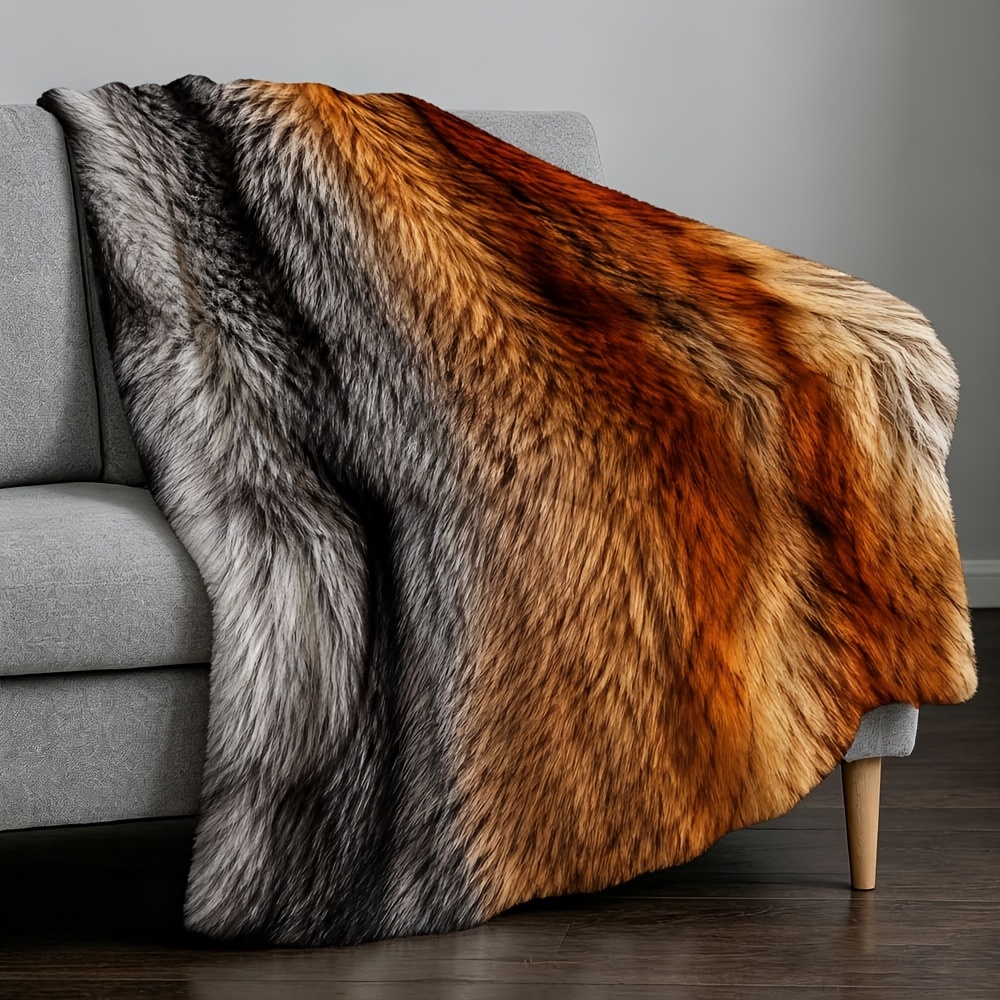 TEMU 1pc Luxurious Faux Fur Blanket - Soft Plush Bedspread & Fluffy Throw Suitable For Sofa, Bed, Travel, Camping - Neutral Tones Bedspread With