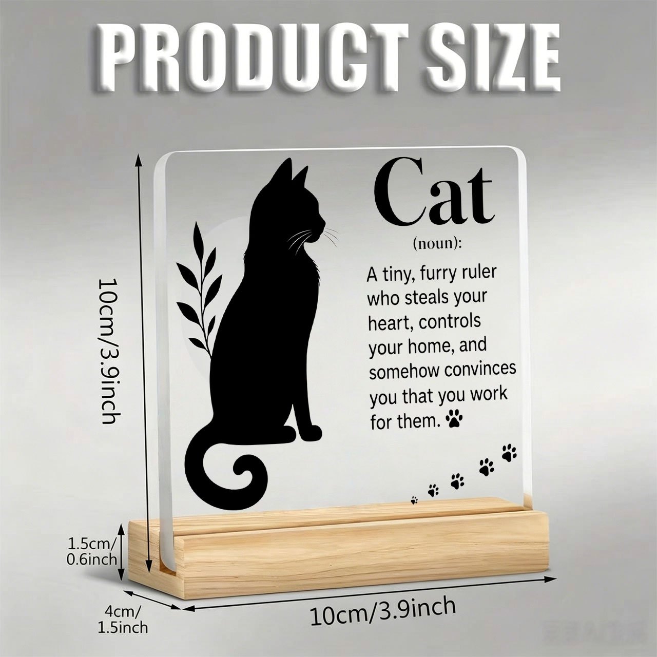 TEMU 1pc Cat Silhouette "a Tiny, Furry Ruler" Ornament, Warm And Inspirational Slogan, Acrylic Ornament, With Wooden Base, Paperweight, Office Desk