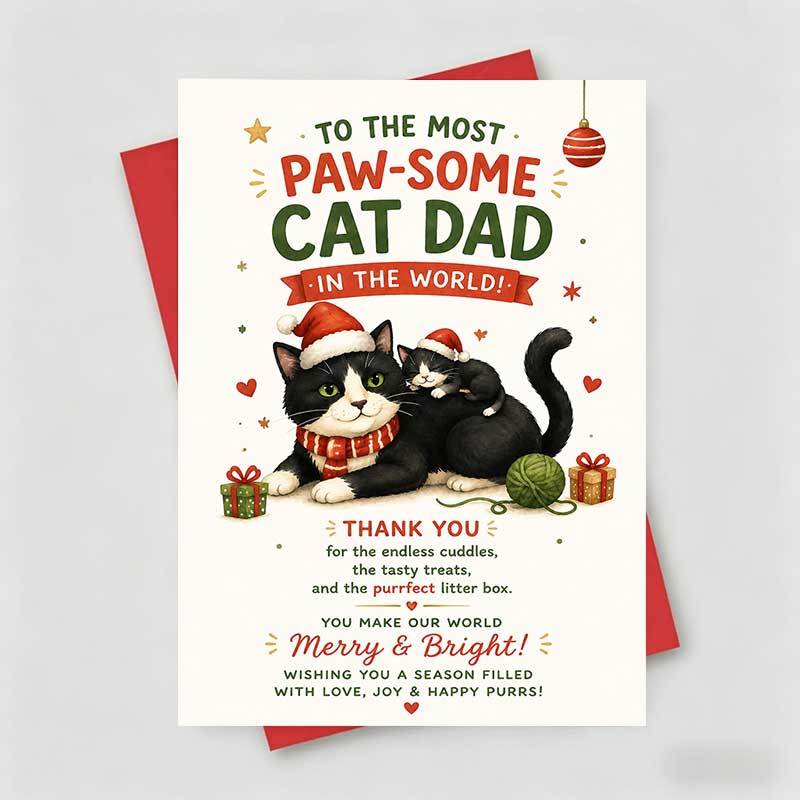 TEMU 1 Greeting Card + 1 Envelope Adorable Christmas Greeting Card, Cute Cats Wearing Hats "paw Some Cat Dad" Suitable For Pet Owners, Festive Style.
