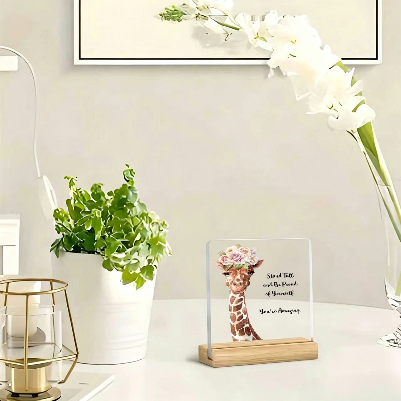 TEMU 1pc Giraffe With Flower Pattern Ornament, Slogan Ornament, Warm And Inspirational Slogan, Acrylic Ornament With Wooden Base, Paperweight, Desk
