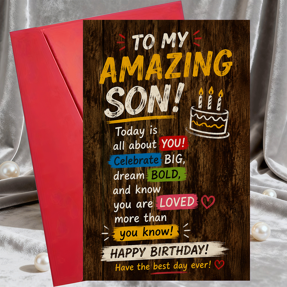 TEMU 1 Greeting Card + 1 Envelope Happy Birthday Greeting Card For Son Rustic Wood Design With Cake Illustration Birthday Celebration And Wishes For