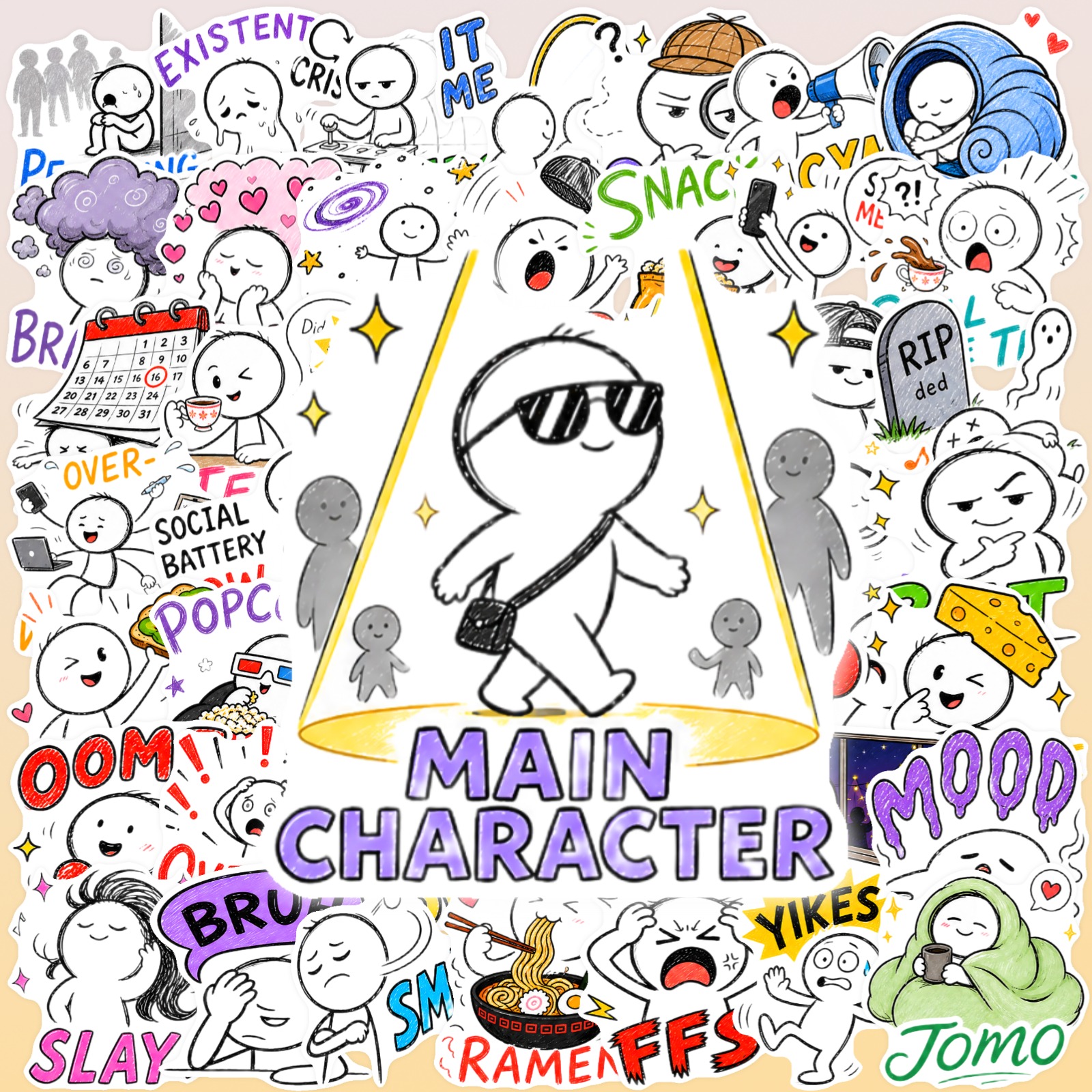 TEMU Relatable Vibes Everywhere 50pcs Funny Meme Stickers Pack Main Character Energy Social Battery Mood Decals For Laptop Water Bottle Phone Case