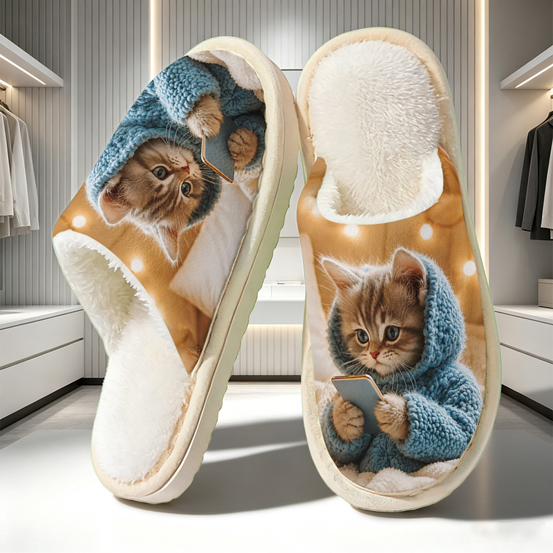 TEMU Pantoufles d'intérieur imprimées pour femmes, motif chat jouant avec téléphone et pull bleu, mode unisexe pour couple, cadeau élégant style