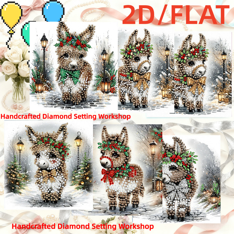 TEMU 6pcs Christmas Wreath Lamp Winter Pattern 2d Flat Diy Diamond Painting Greeting Card Kit, Cute Christmas Donkey Art Postcard, For Handwriting