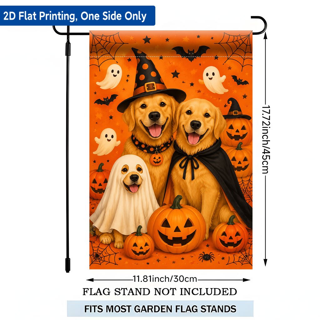 TEMU Drapeau de jardin plat 2D, impression 2D plate, 1 pièce, Joyeux Halloween avec Golden Retrievers, drapeau de jardin imprimé sur une seule face,