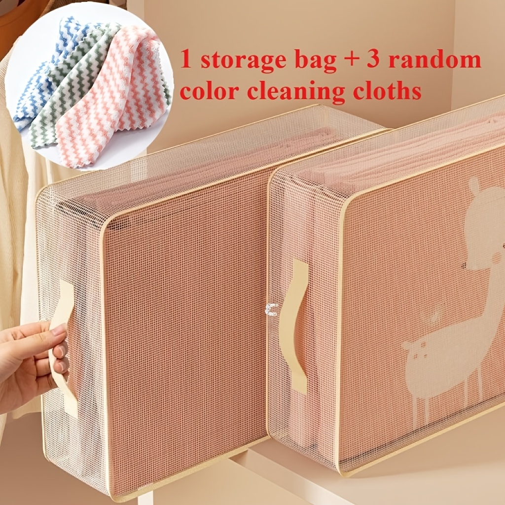 TEMU 4pcs Set (including 1pc Storage Bag And 3pcs Random Pattern Cleaning Cloths) Mesh Bedding Storage Bags, Large Capacity Home Clothing Organizers,